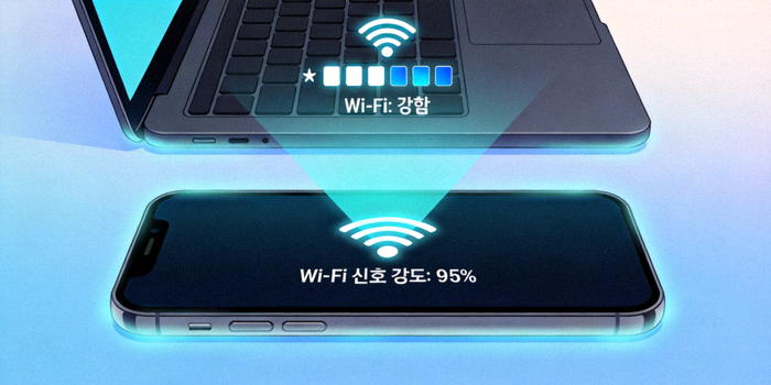 노트북과 스마트폰에서 Wi-Fi 신호 강도를 확인하는 모습을 보여주는 개념 이미지