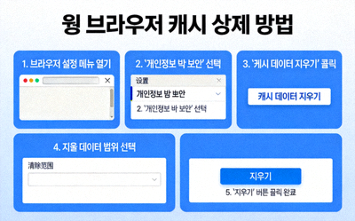웹 브라우저 설정 메뉴에서 캐시 삭제 방법을 보여주는 예시 이미지