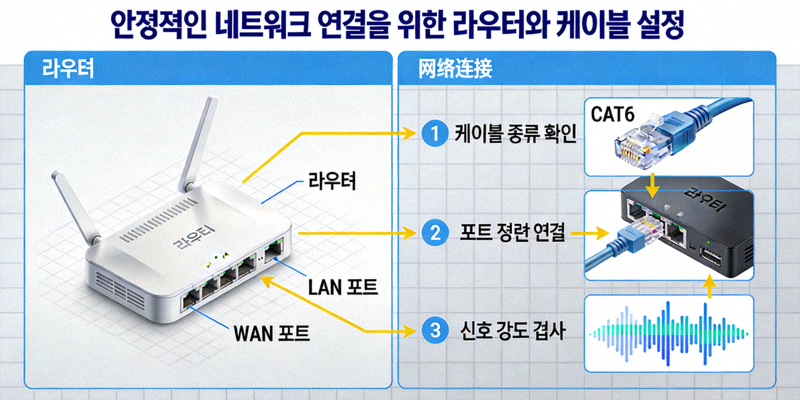 안정적인 네트워크 연결을 위한 라우터와 케이블 설정 개념 이미지