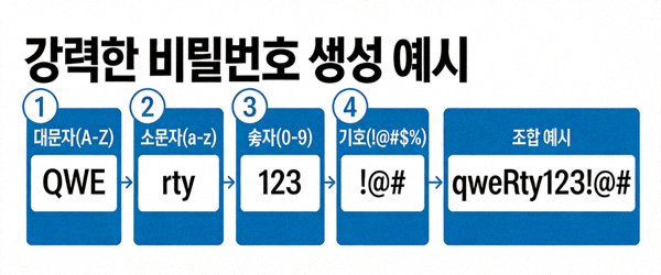 강력한 비밀번호 생성 예시를 보여주는 다이어그램: 대문자, 소문자, 숫자, 기호 조합