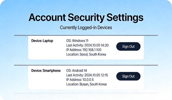 계정 보안 설정 페이지에서 현재 로그인된 기기와 위치 목록을 확인하는 화면 예시