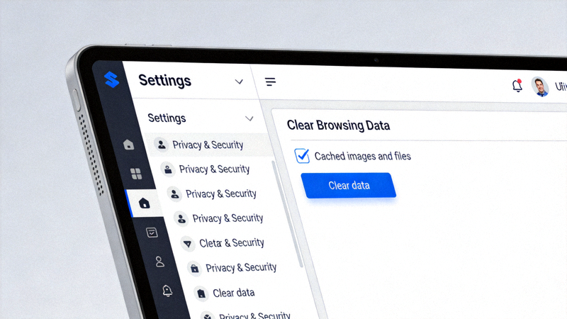 웹 브라우저 설정 메뉴를 열어 캐시를 삭제하는 화면 개념 이미지